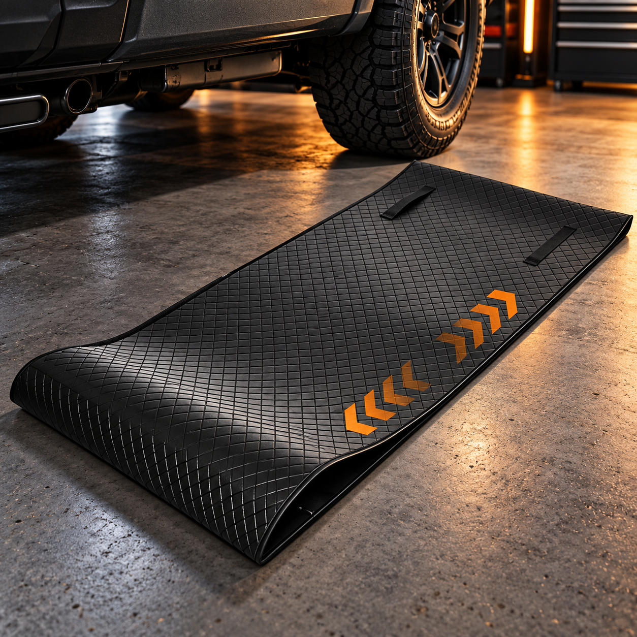 Illustration of a black rolling creeper mat in a garage